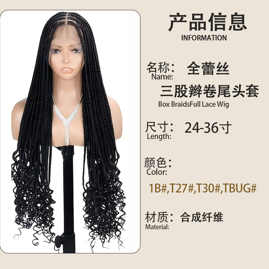 Cross-Border Crochet Hair Wig Three-Strand Braid Tail Flower Braided Braid Curly Dreadlock Hair Extensions Box Braids Full Lace