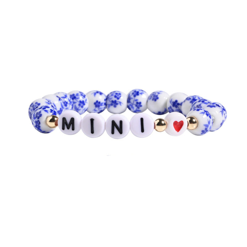 Mother's Day Gift Bracelet for Women, Festive Chinese Style Bracelet8mm Orchid Beaded MAMA Alphabet Blue and White Porcelain Bracelet