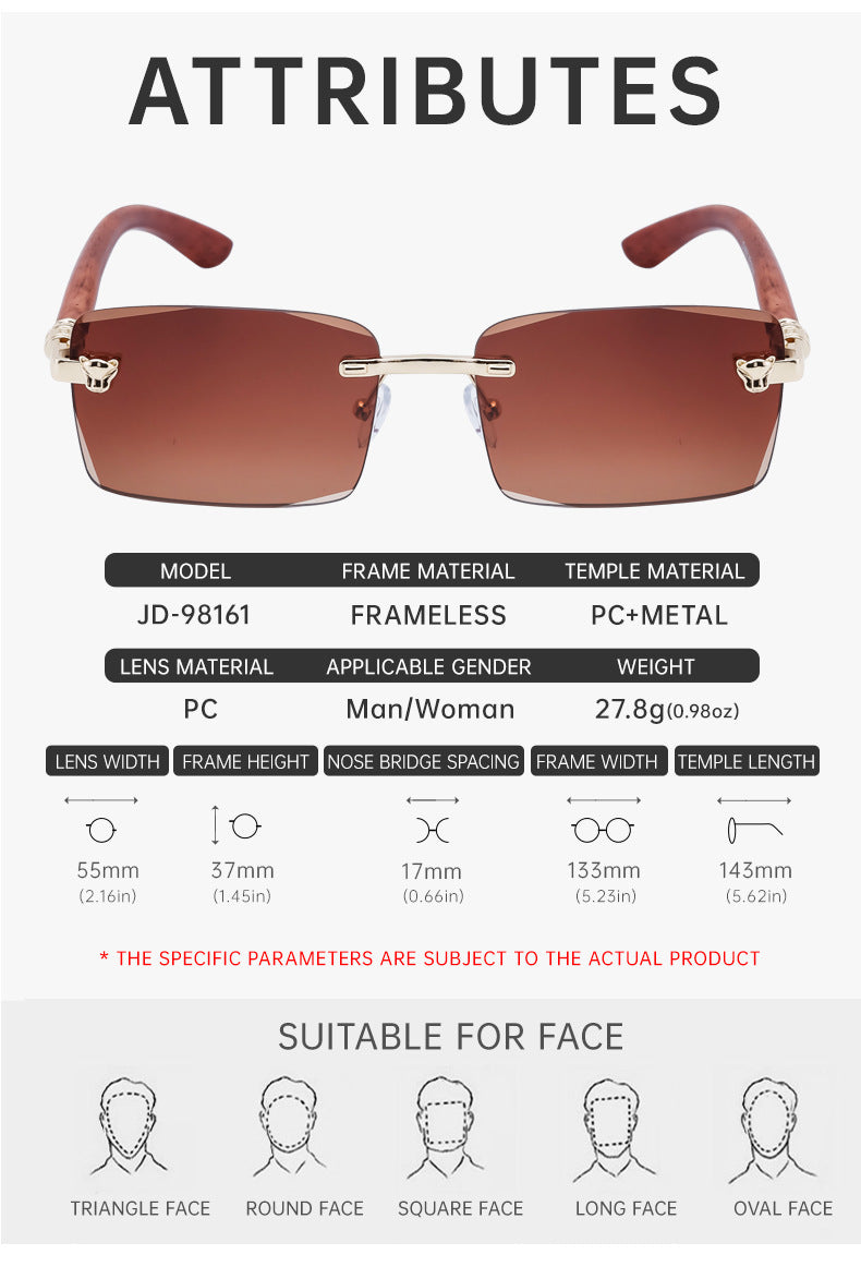 European and American Retro Frameless Sunglasses for Men with Imitation Wood Grain Temples, Men's Mountaineering Glasses shades