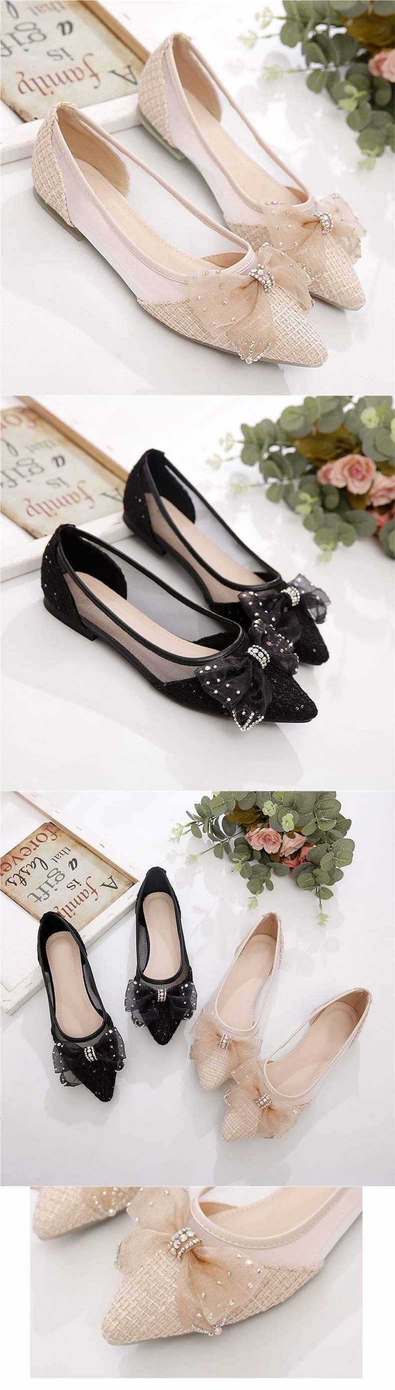Summer Breathable Cool Single Shoes for Women, New Korean Style Evening Breeze Loafers, Bowknot Mesh Pointed Flat Shoes