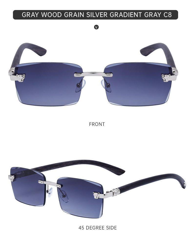 European and American Retro Frameless Sunglasses for Men with Imitation Wood Grain Temples, Men's Mountaineering Glasses shades