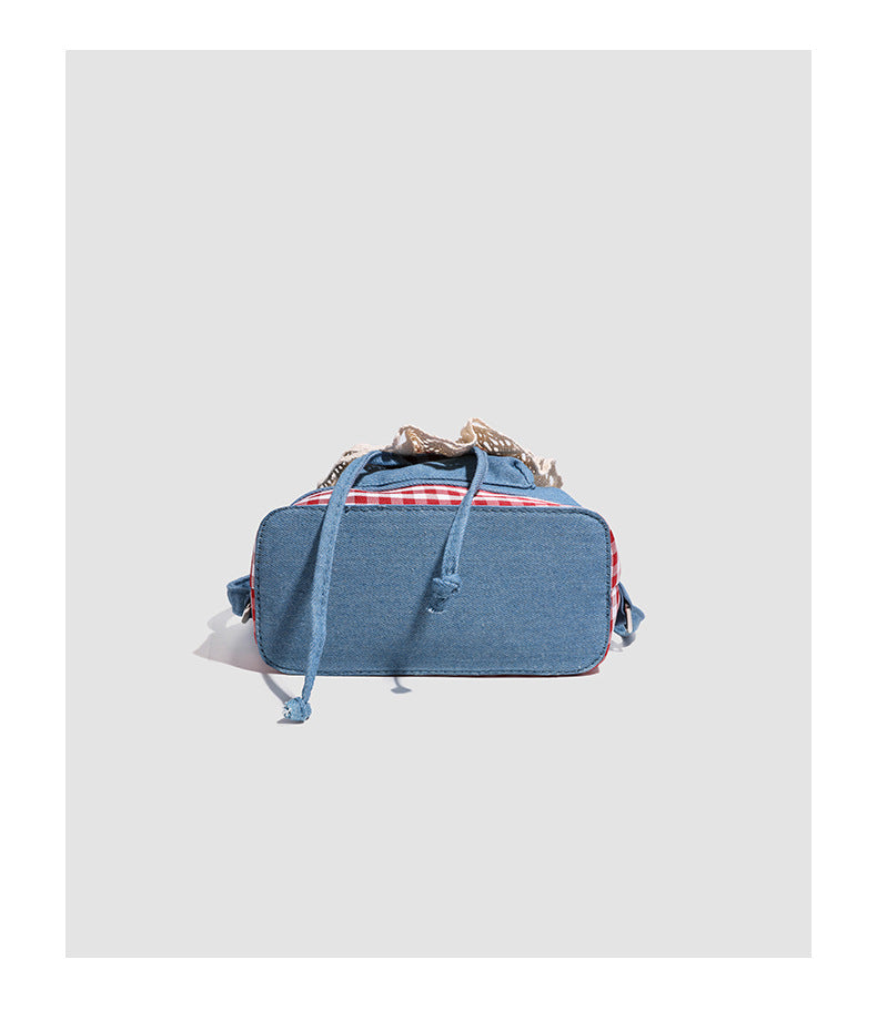 Lace trim denim backpack for women2025New Trendy Fashion Plaid Lace Backpack Handbag Shoulder Bag