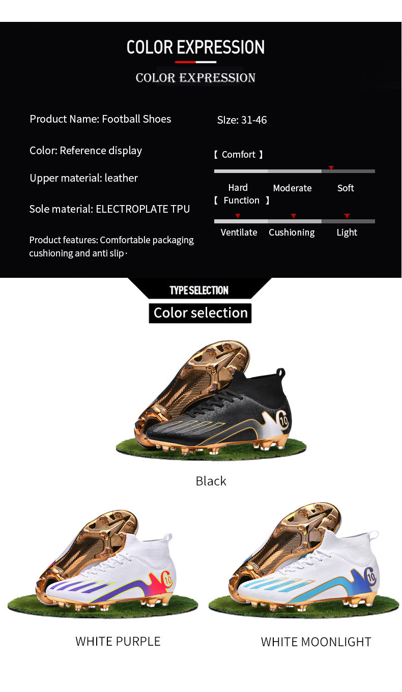 Gold-Plated Sole Men's Football Shoes with Studded Spikes AG Long Spike Shoes for Older Children, Middle and High School Students, Adults, Competition Training Sports Shoes