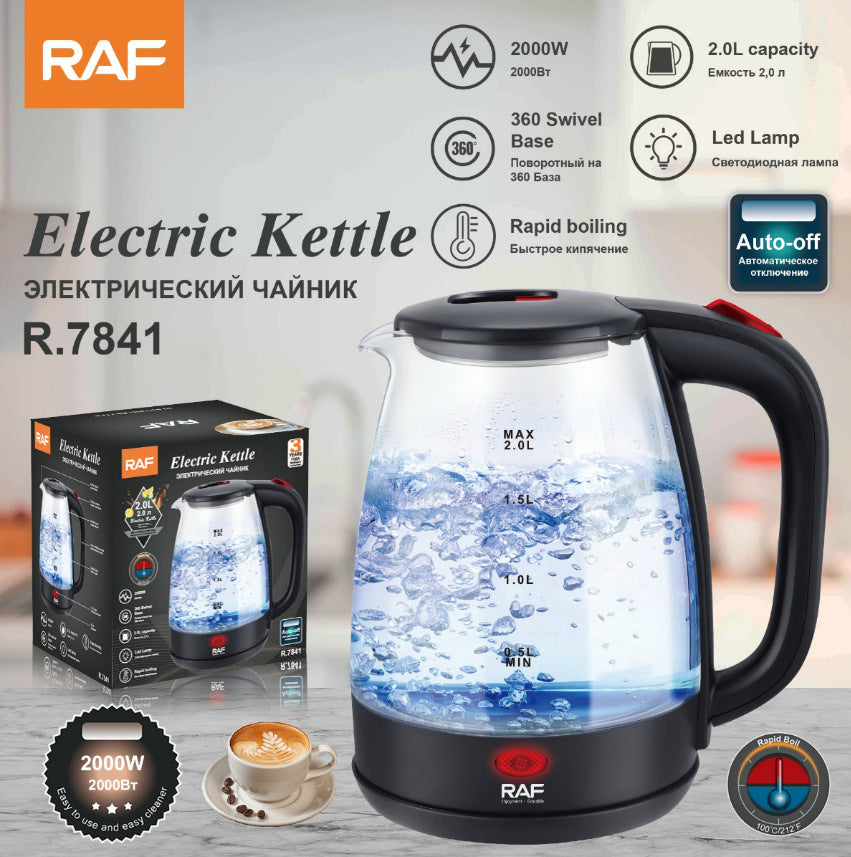 RAF European Standard Household Electric Kettle Automatic Power-Off Anti-Dry Boiling Glass Kettle with Visible Water Level for Home Use2L