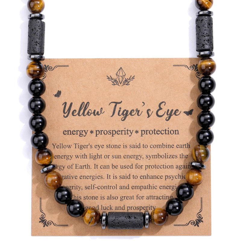 Obsidian Tiger Eye Necklace8mm Natural Stone Rectangular Cylindrical Volcanic Stone Men's Tiger Eye Stone Spacer Necklace