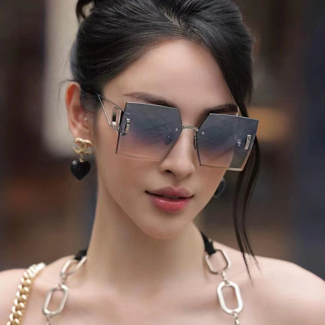 New European and American Fashion Diamond Cut Edge Rimless Sunglasses for Women Trendy Hollow Temple Large Frame Sunglasses Women's Glasses