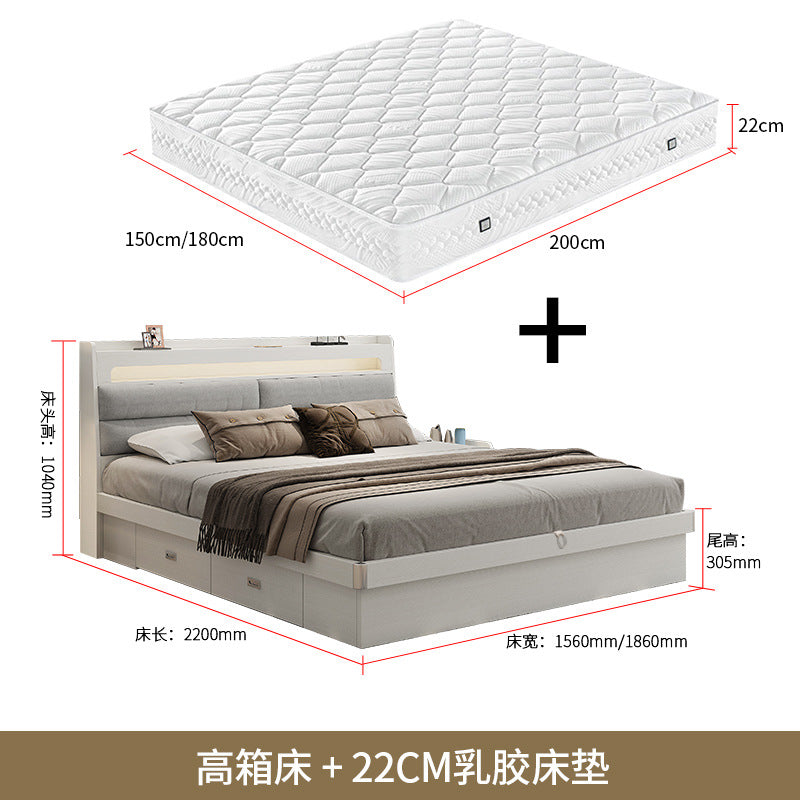 Fabric Bed1.5Small Apartment Master Bedroom Soft Pack Technology Fabric Modern Double Bed White Simple Solid Wood Storage Bed