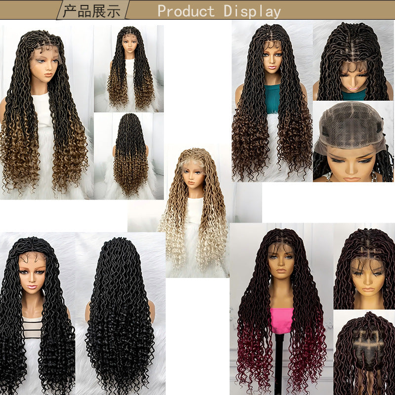European and American African Full Lace Synthetic Fiber Curved Top and Bottom Hand-Crocheted Lace Headpiece Faux Locs Wig Full Lace Wig