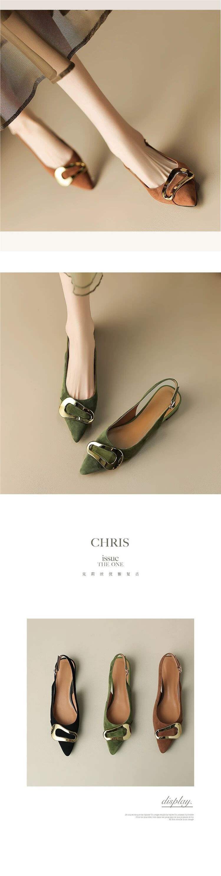 French retro metal buckle flat shoes for women2025Summer New Style Closed-Toe Sandals Pointed Elegant Shallow Mouth Flats