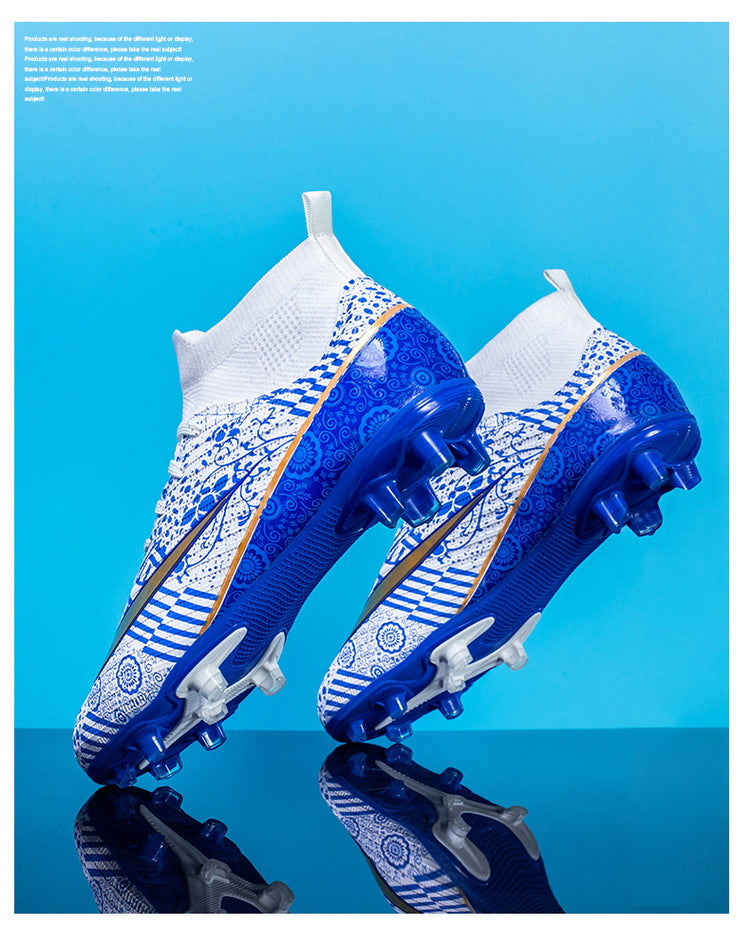 World Cup Same Style Blue and White Porcelain High-top Soccer Shoes for Men and Women, Children and Youth Competition Training Shoes