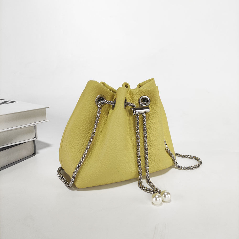 Niche Genuine Leather Bucket Bag for Women2024New Mini Small Bag Top Layer Cowhide Autumn Chain Shoulder Crossbody Bag