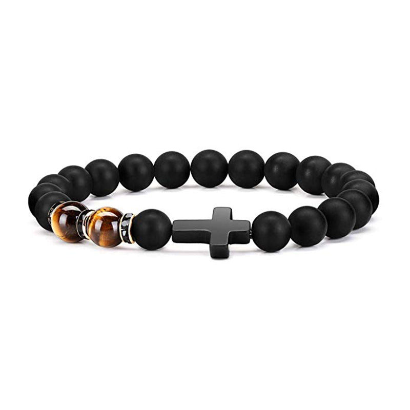Men's Easter Bracelet Matte8mm Bead Spacer Elastic Bracelet Tiger Eye Stone Black Matte Cross Bracelet