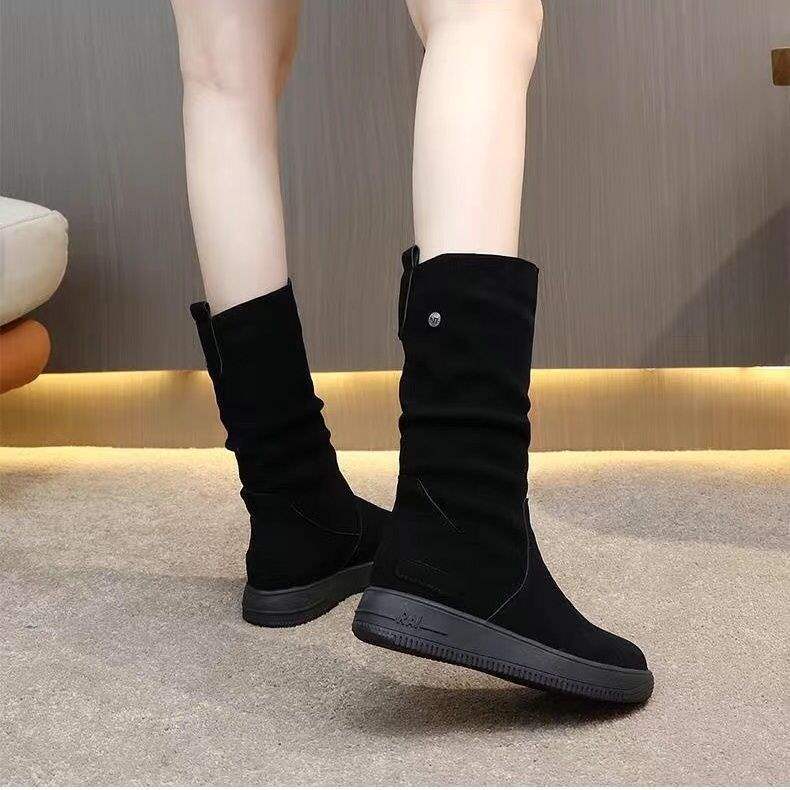 Thick-Soled Non-Slip Suede High Boots for Women, Thick Fleece Winter Mid-Calf Boots, Flat Snow Boots, Warm Cotton Shoes, Martin Boots