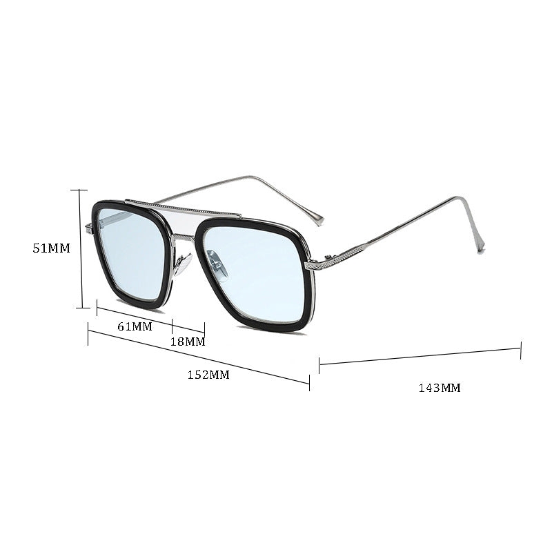 European and American Iron Man Style Sunglasses European and American Fashion Square Frame Sunglasses Men's Retro Metal Double Bridge Color Changing Glasses Frame