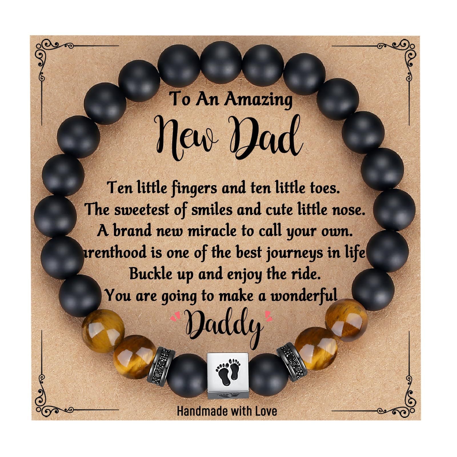 Men's Holiday Gift Bracelet Tiger Eye Stone Bracelet Stainless Steel Foot Sole Father's Day Gift Black Matte Bracelet