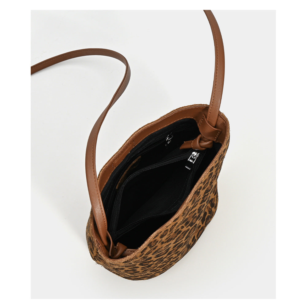 Leopard Print Genuine Leather Bucket Bag Niche Women's Bag Autumn Winter New Versatile High-end Soft Cowhide Single Shoulder Crossbody Bag