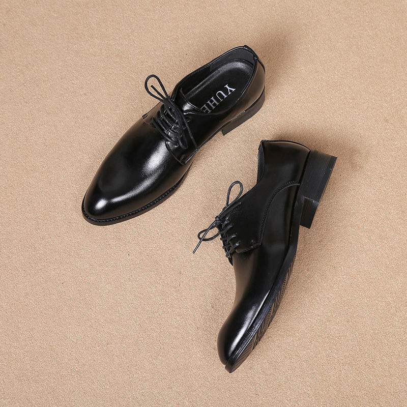 Pointed Toe Lace-Up Business Formal Leather Shoes for Men Korean Version British Style Casual Shoes with Hidden Wedge Versatile Youth Trendy Men's Shoes