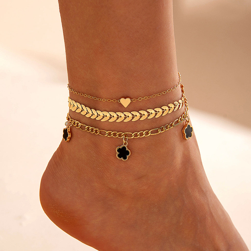 European and American Fashion Alloy Inlaid Diamond Five-Leaf Clover Bracelet Jewelry Three-Piece Set Simple Geometric Smooth Bracelet Wholesale