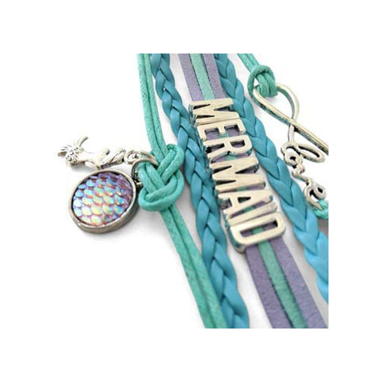 MERMAID Mermaid Multi-layer Braided Bracelet with Round Fish Scale Pendant for Women, Layered Mermaid Braided Bracelet