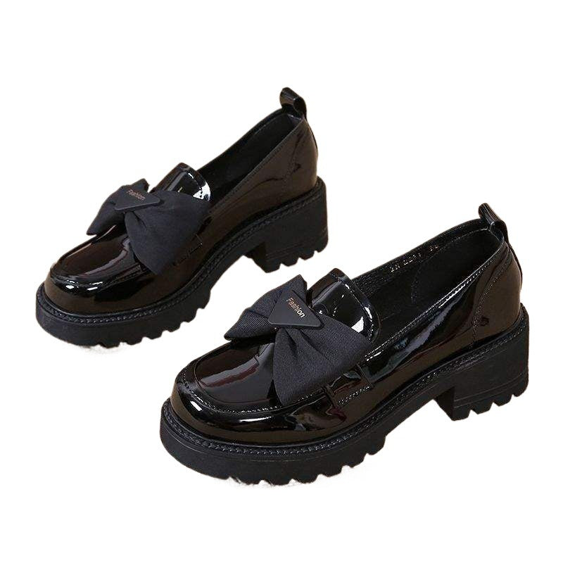 Women's Thick-Soled Loafers2025New Spring Mid-Heel Versatile Women's Shoes with Bowknot and Shiny Leather