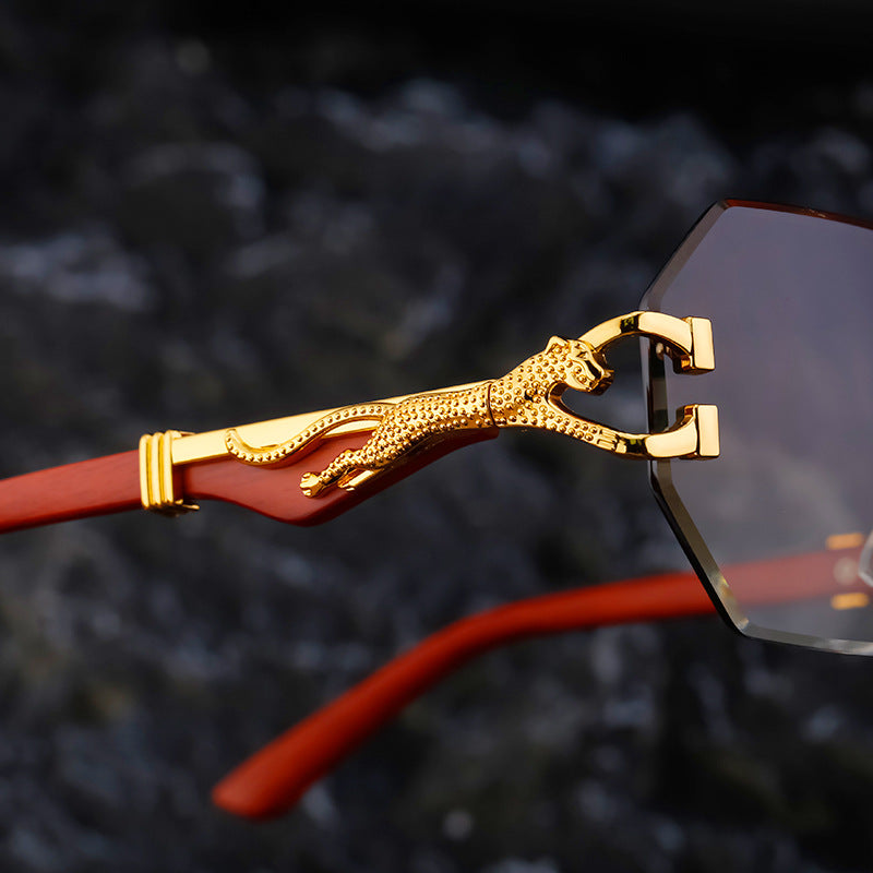 New European and American Retro Frameless Sunglasses for Men with Imitation Wood Grain Temples Wholesale Glasses shades