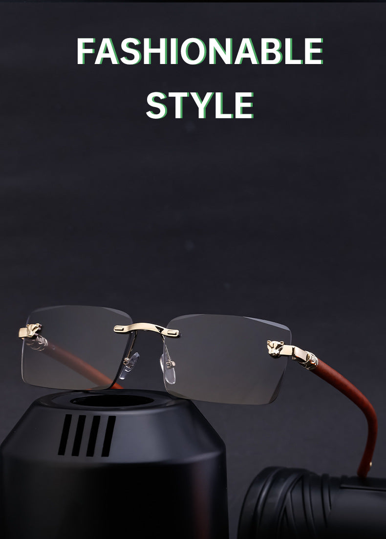 European and American Retro Frameless Sunglasses for Men with Imitation Wood Grain Temples, Men's Mountaineering Glasses shades