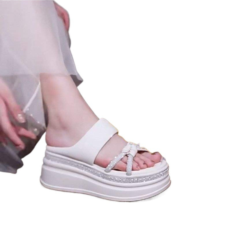 Women's Thick-Soled Sandals2025New Summer Versatile Internet Celebrity Super Popular Height-Increasing Wedge Rhinestone Slide Sandals