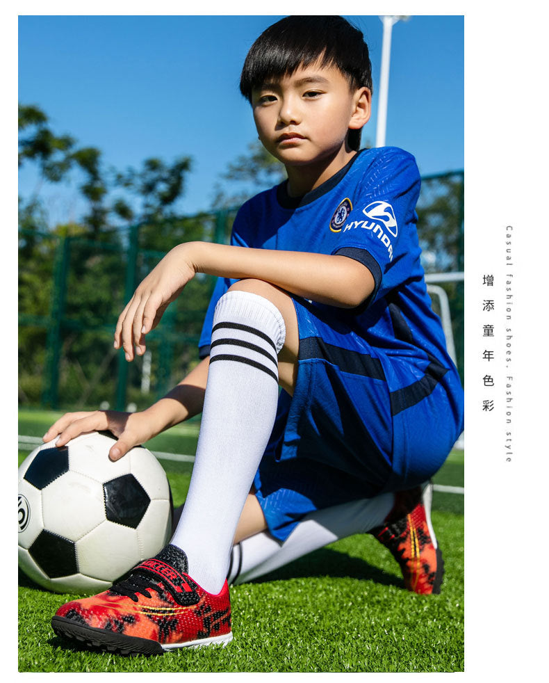 New Football Shoes for Men and Women, Children's Low-top Anti-collision Spike Magic Tape No-tie Grass Training Sports Shoes