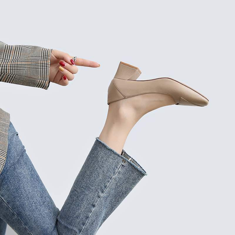 Real Soft Leather Autumn New Style Women's Single Shoes Thick Heel Shallow Mouth High Heels Korean Style Mom Shoes Mid Heel Versatile Grandma Shoes