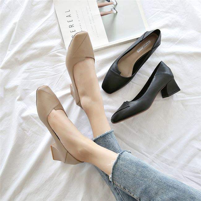 Real Soft Leather Autumn New Style Women's Single Shoes Thick Heel Shallow Mouth High Heels Korean Style Mom Shoes Mid Heel Versatile Grandma Shoes