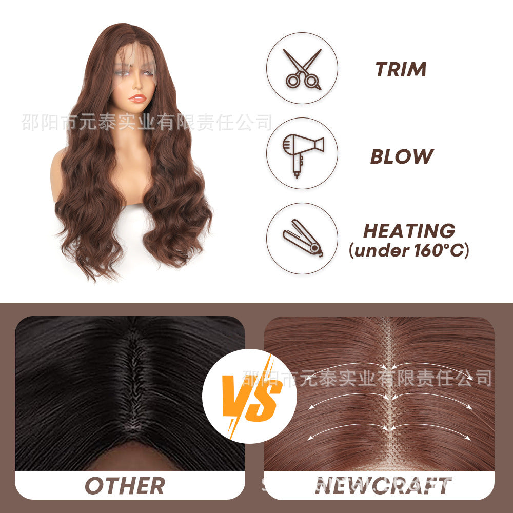 Women's Black Wig with Small Middle Part, Big Waves, Synthetic Long Curly Hair, Front Lace Wig, Wholesale Long Style with Side Bangs