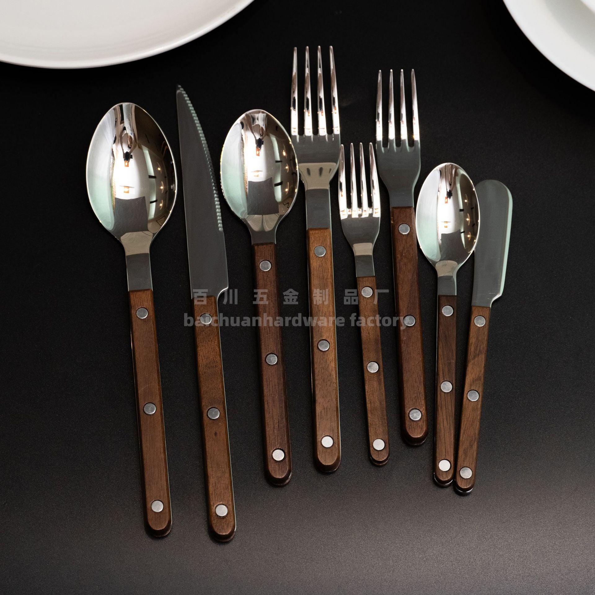 French Style Solid Wood Walnut Handle Western Cutlery Stainless Steel Knife Fork Spoon Wholesale Household Kitchen Western Restaurant