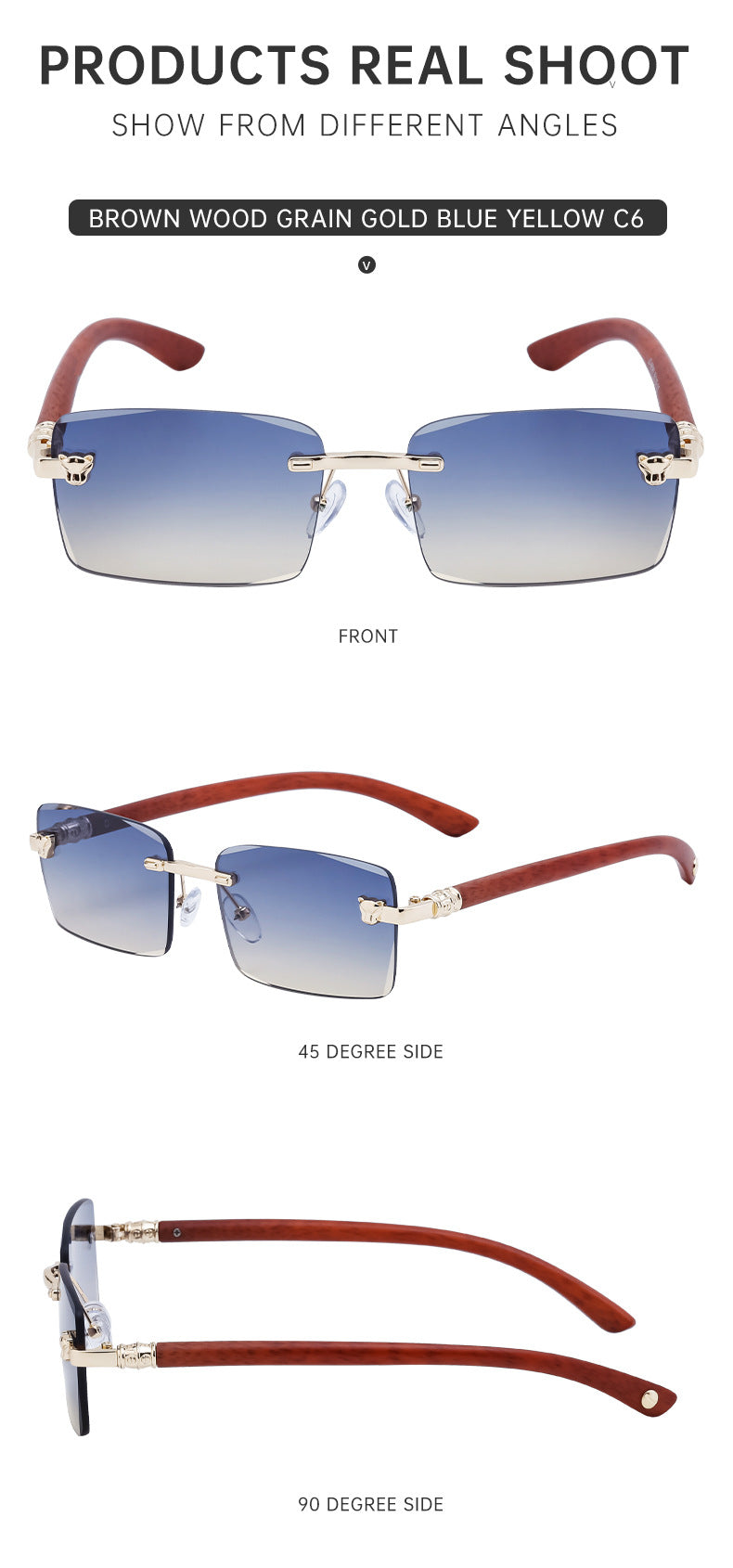 European and American Retro Frameless Sunglasses for Men with Imitation Wood Grain Temples, Men's Mountaineering Glasses shades