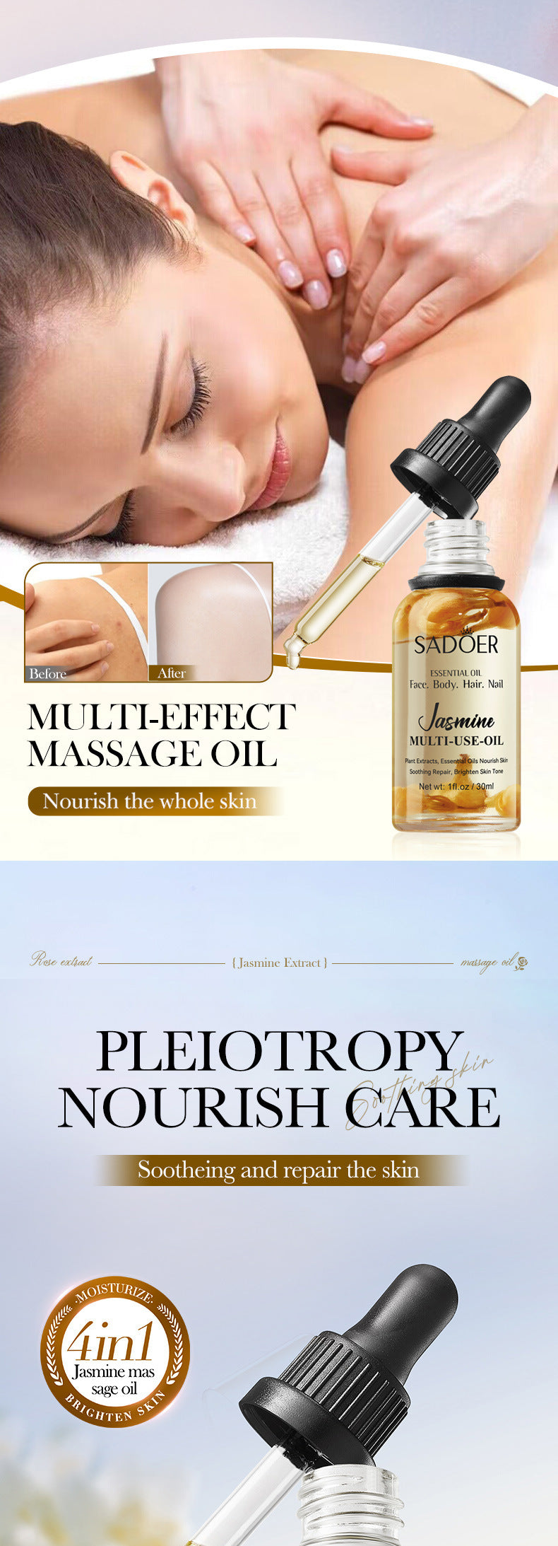 Cross-border Jasmine Dried Flower Massage Oil SADOER Moisturizing and rejuvenating skin body oil cross-border foreign trade wholesale