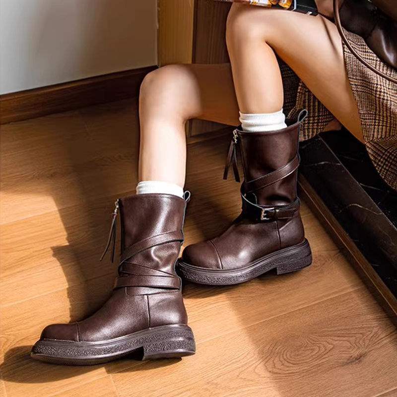 Internet Celebrity Same Style Autumn Medela~Thick-Soled Knight Boots Autumn Winter Retro Style Front Zipper Ghost Emperor Boots Long Boots for Women