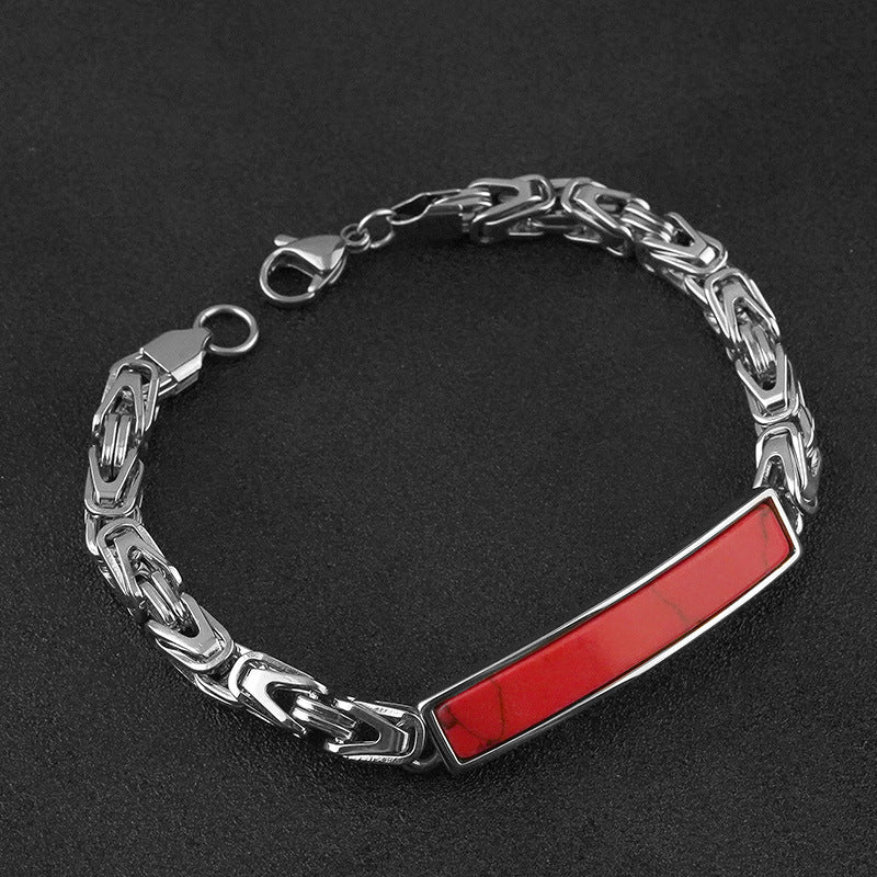 European and American Fashion Personality Stainless Steel Imitation Red Turquoise Bracelet Steel Color Non-Fading Titanium Steel Jewelry Wholesale