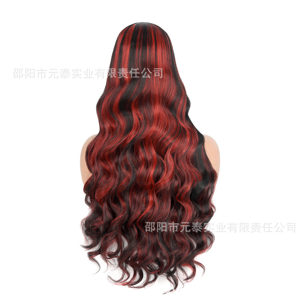 European and American Style Wig for Women, Front Lace, Wavy Long Curly Hair, Red and Black Gradient Color, High-Temperature Fiber, Synthetic Hair Wig, European and American Cross-Border