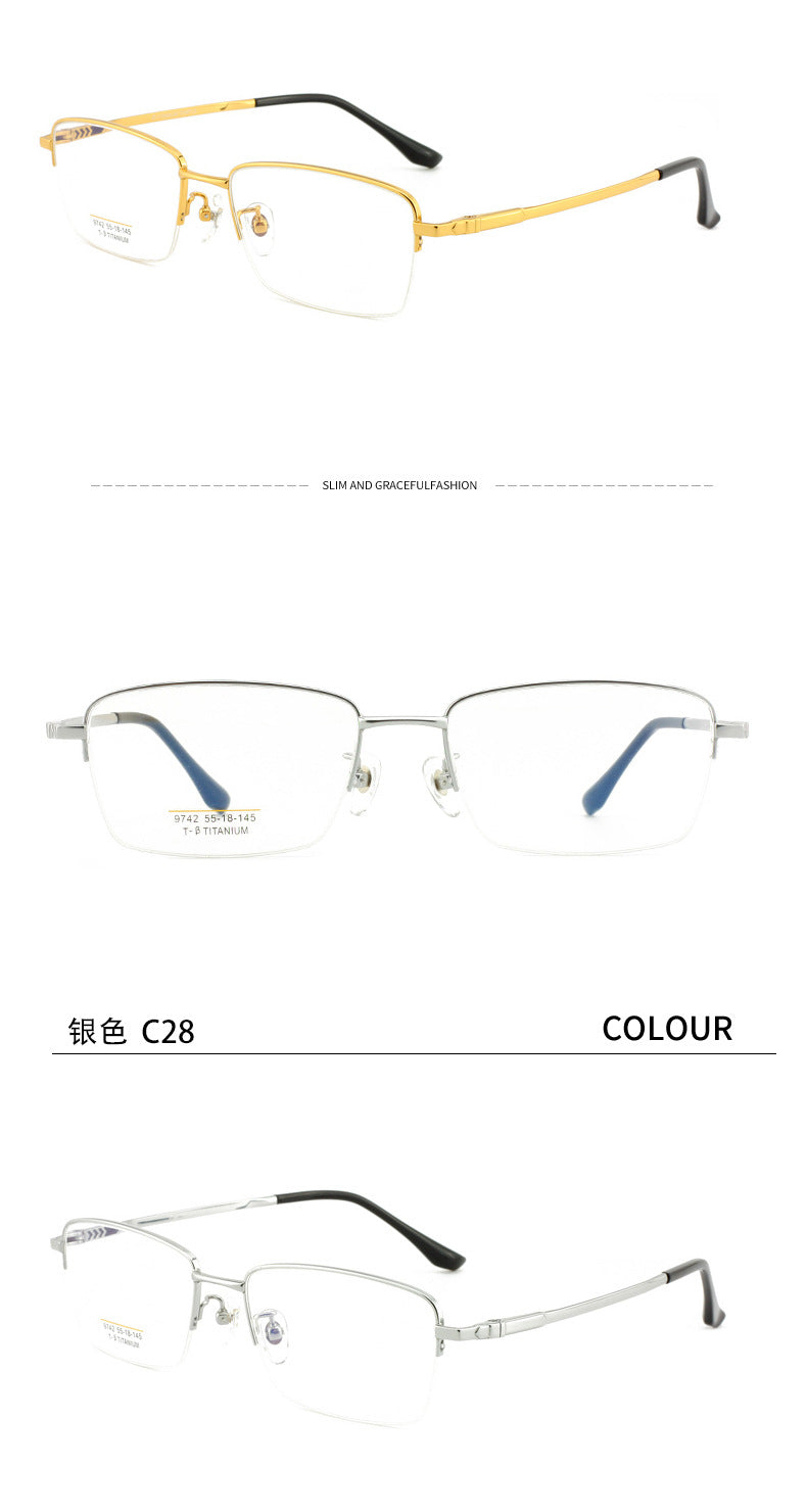 Men's Half Titanium Frame Business Commuting Titanium Men's Business Glasses Frame Metal Frame Non-Prescription Glasses Light Luxury Style Large Frame