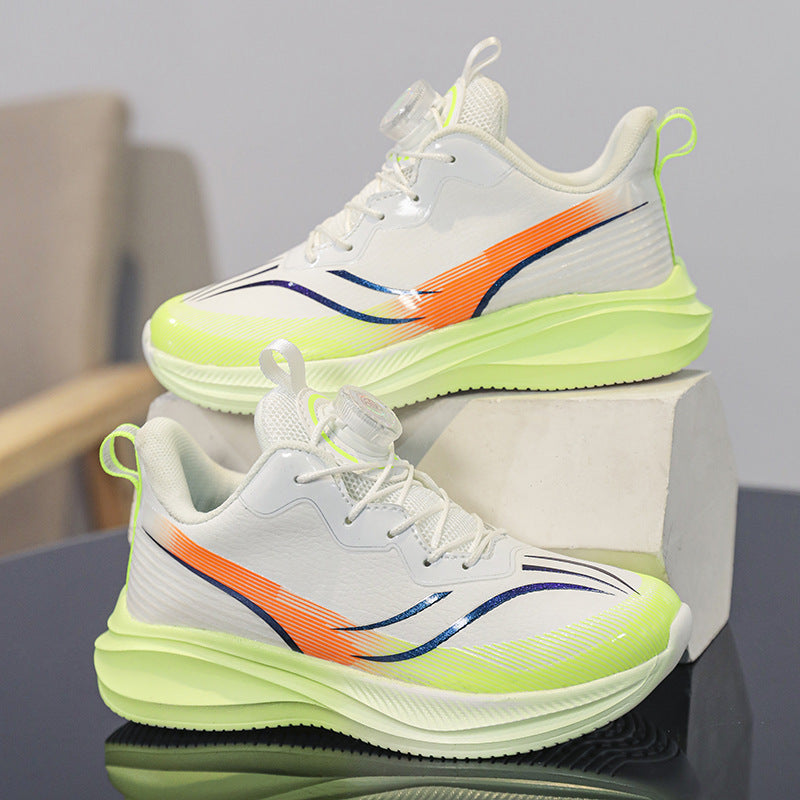 Red Rabbit Rotating Button Children's Shoes Leather Surface Waterproof Middle and Large Children Student Running Shoes Shock Absorption Lightweight Sports Shoes Comfortable