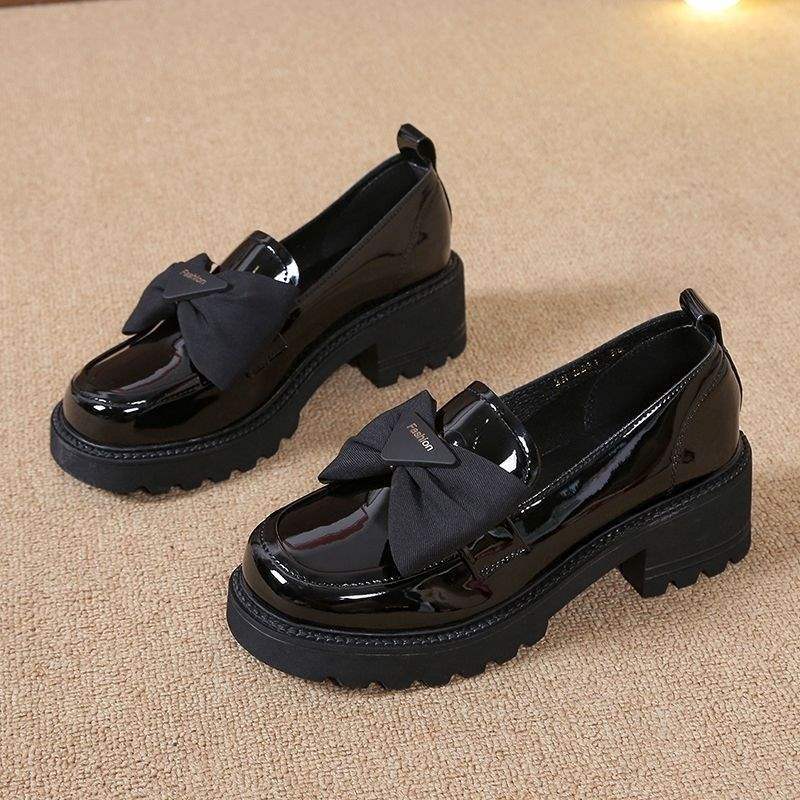 Women's Thick-Soled Loafers2025New Spring Mid-Heel Versatile Women's Shoes with Bowknot and Shiny Leather