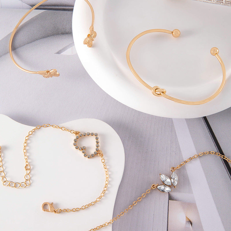 European and American Light Luxury Accessories Heart-shaped Leaf Inlaid Diamond Four-layer Bracelet Butterfly Knot Open Bracelet Set for Women