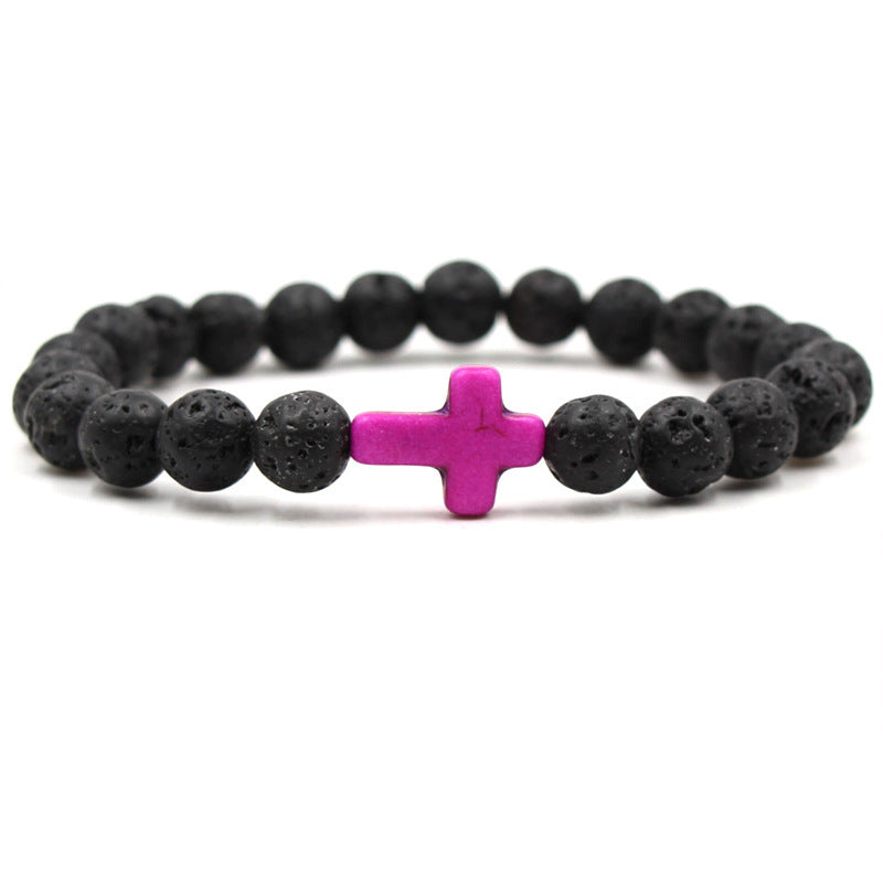 Easter Cross Bracelet Men's Personalized Gift Turquoise Bracelet8mm Beaded Volcanic Stone Cross Bracelet
