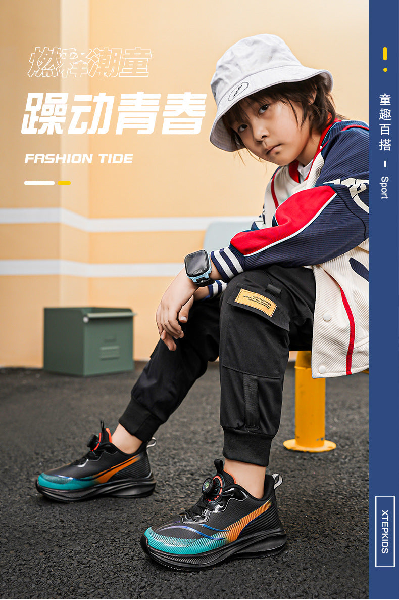 Red Rabbit Rotating Button Children's Shoes Leather Surface Waterproof Middle and Large Children Student Running Shoes Shock Absorption Lightweight Sports Shoes Comfortable