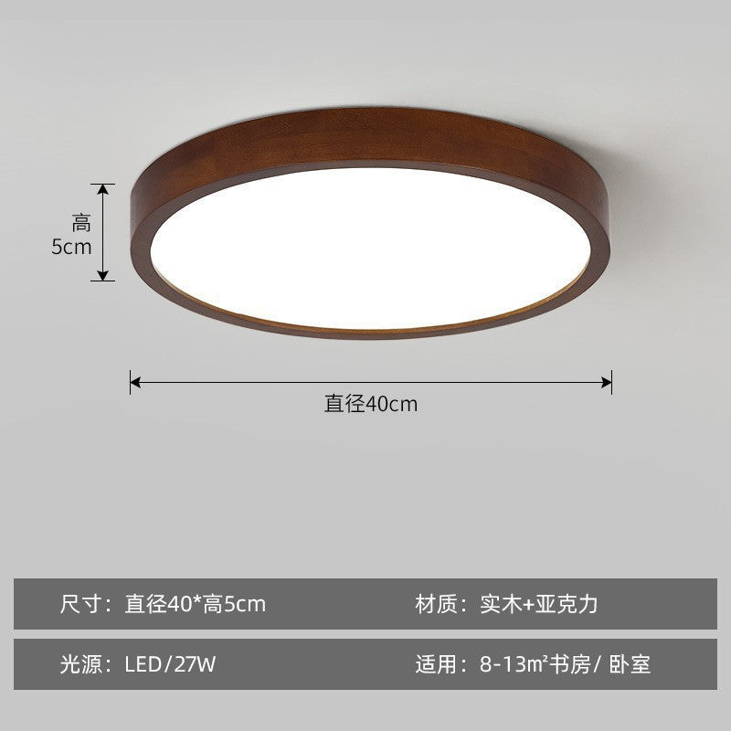 New Chinese Style Ceiling Light for Bedroom, Round Modern Simple Walnut Color Solid Wood Nordic Room LED Lamp