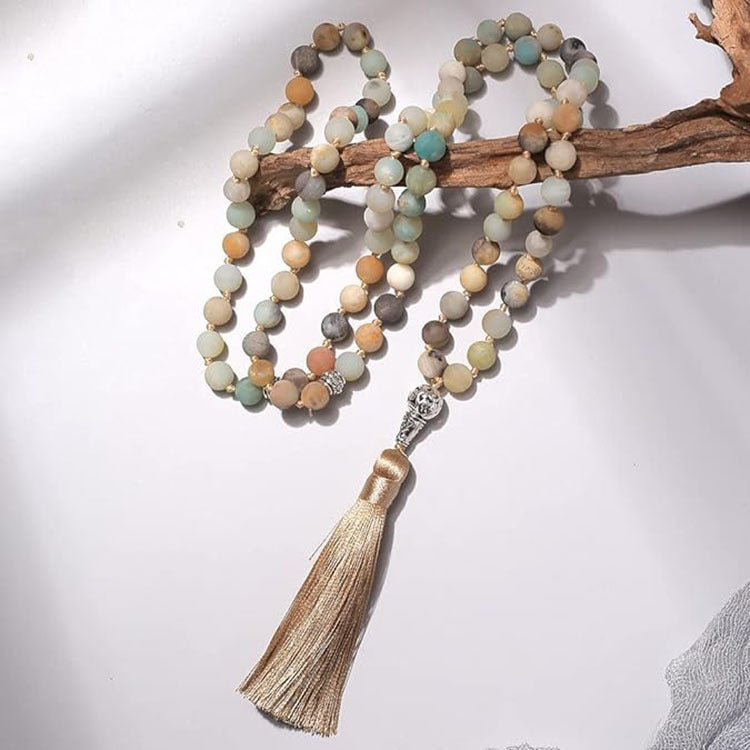 Hot Sale108Natural Stone Beaded Necklace Mala Beads Tassel Handmade Stone Sweater Chain
