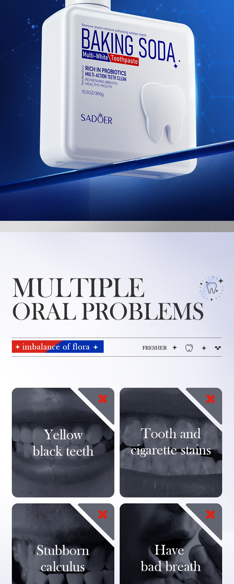 Full English Pump Toothpaste SADOER Baking Soda Probiotics Teeth Cleaning Oral Freshness  Wholesale