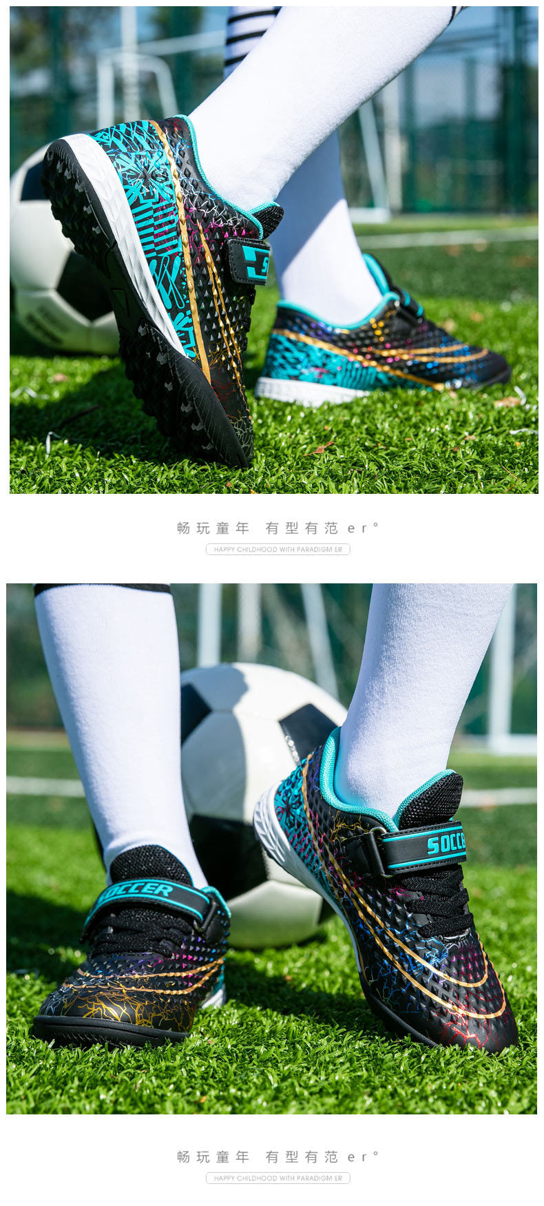 New Football Shoes for Men and Women, Children's Low-top Anti-collision Spike Magic Tape No-tie Grass Training Sports Shoes