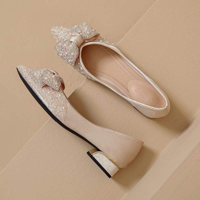 French high heels thick heel bowknot single shoes for women in summer2025New style rhinestone shiny women's shoes, two-way wear
