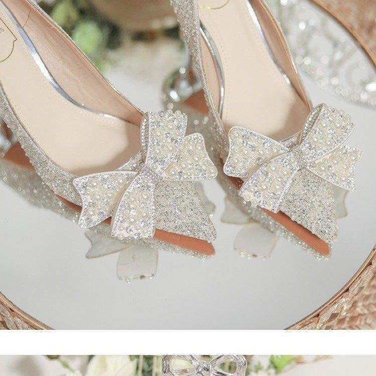 silver Wedding Shoes2025New White Wedding Shoes with Crystal Bow Fairy Style Bridesmaid Stiletto High Heels Trendy