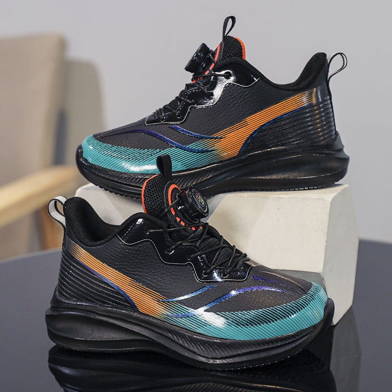 Red Rabbit Rotating Button Children's Shoes Leather Surface Waterproof Middle and Large Children Student Running Shoes Shock Absorption Lightweight Sports Shoes Comfortable